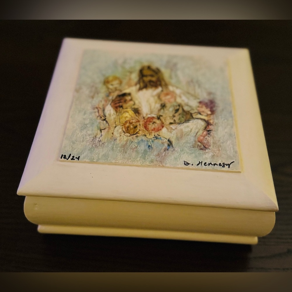 Artisan crafted jewelry box vintage Jesus and children Christmas